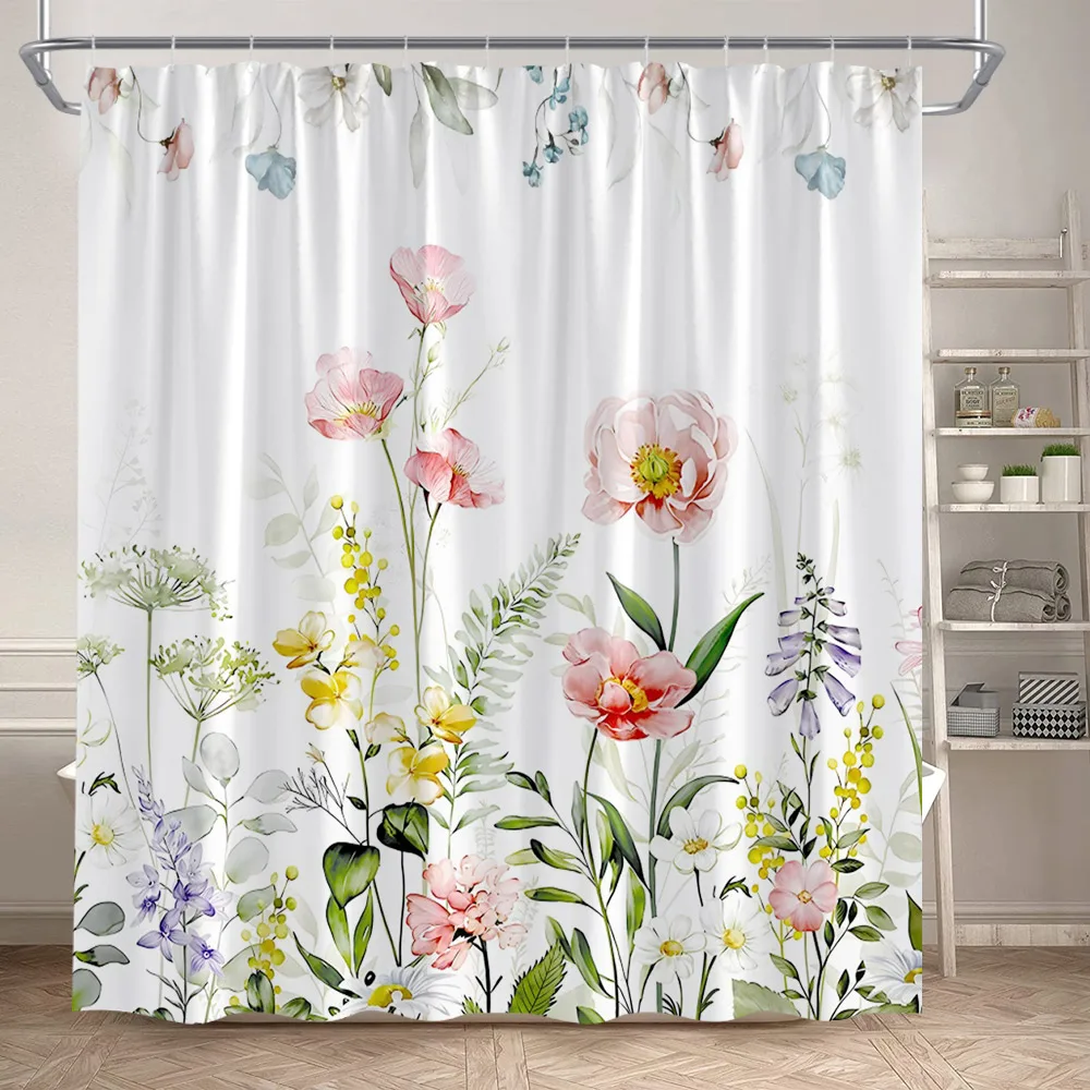 Blue Floral Shower Curtain Watercolour Plants Flowers Dandelion Modern Simple Bathroom Curtains Set Polyester Fabric Home Decor