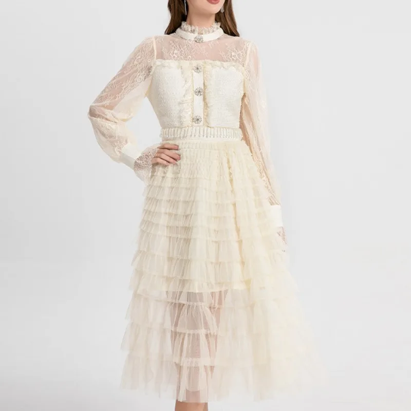 Ele Fairy T Sle Damen Dr Heavy Stickerei Tweed Patchwork Tüll Kristall Fransen Hohe Taille Kuchenrock Lang Sve