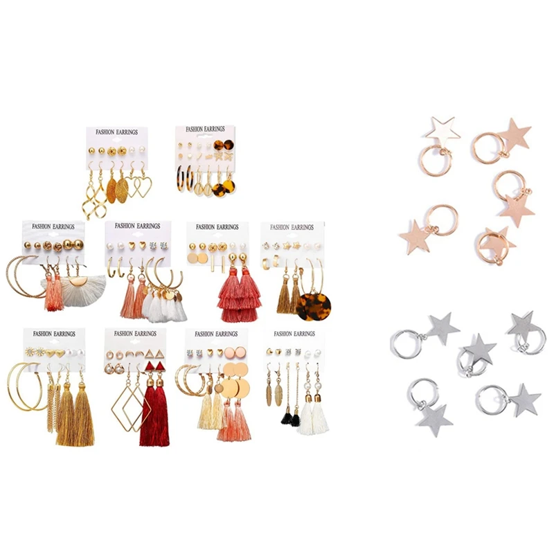 

10Pcs Cute Shiny Star Hair Rings Braids Plaits Hair Clips With 63 Pairs Earrings And Tassel For Women Girls