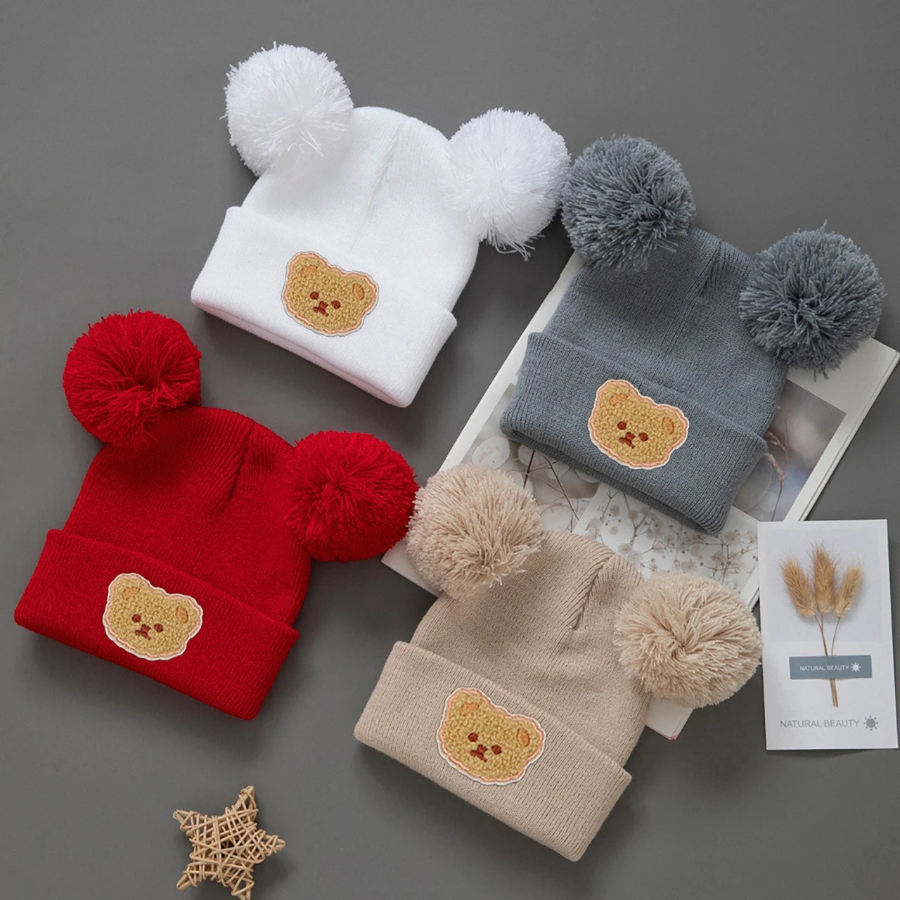 Double Pompom Beanies Winter Warm Toddler Woolen Crochet Bonnet Plush Ball Kids Knit Hat Cute Bear Baby Ear Protection Cap 0-2Y view 5