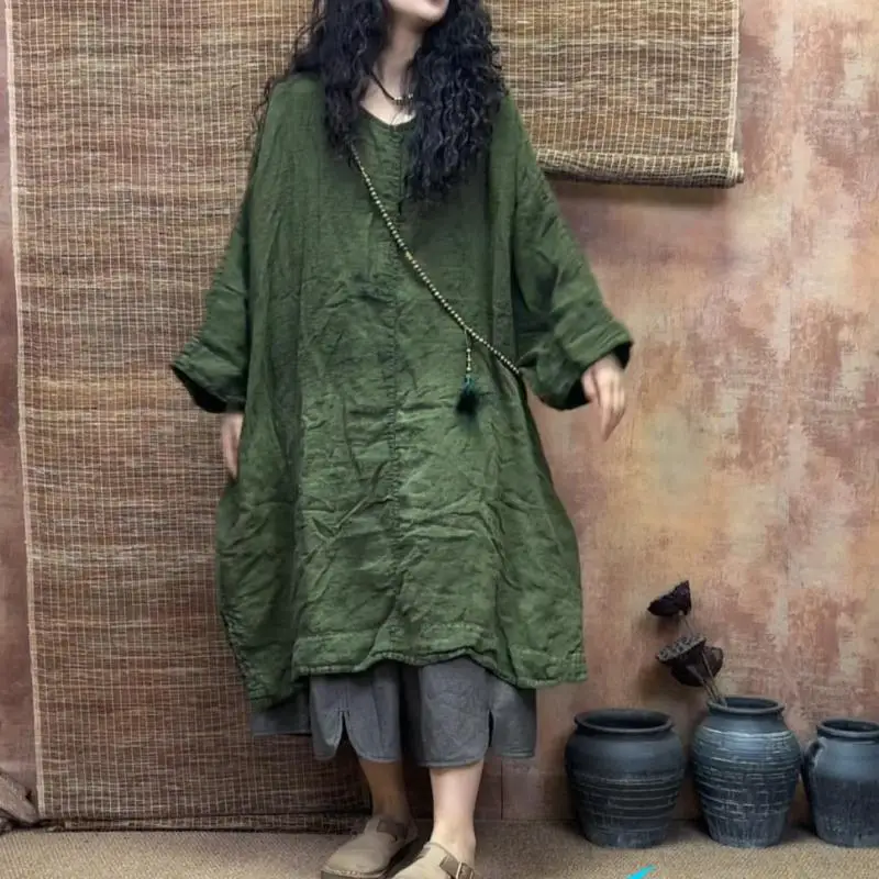 

Spring Summer Arts Style Women O-neck Loose Batwing Sleeve Tee Shirt High Quality Linen Gradient Vintage Long Tops Tees T295