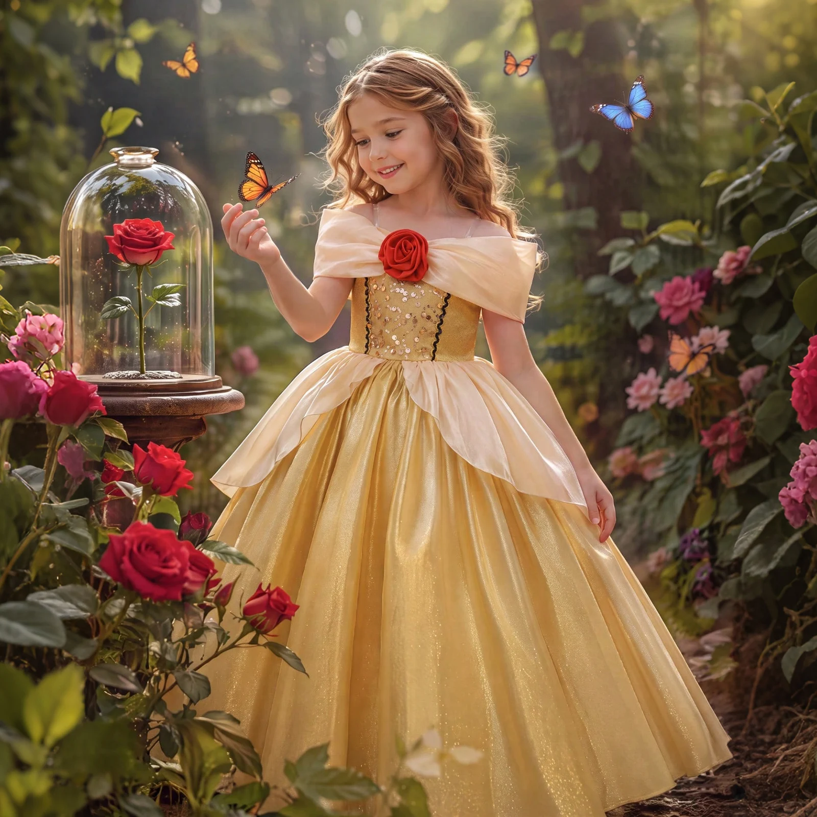 Girls' Golden Three-Dimensional Floral Off-Shoulder Elegant Dress Sleeping Beauty Fairy Tale Princess Dress Suitable for Girls' Birthday Parties, Runway Shows, Party Dresses, Graduation Gowns, Wedding Flower Girl Dresses