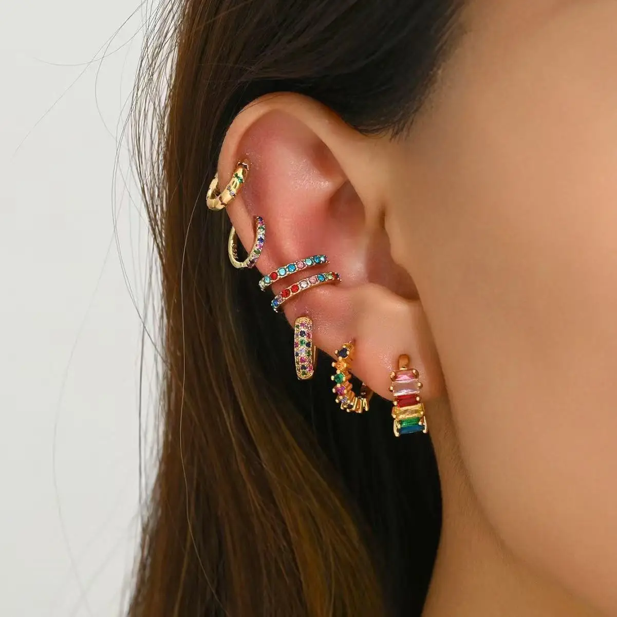 7 teile/satz Mode Mehrfarbige Stud Ohrringe Für Frauen Zirkon Ohr Manschetten Ohne Piercing Ohrringe Schmuck Geschenk – Detail 2
