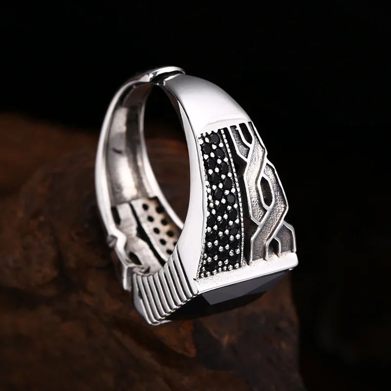 BOCAI S925 Sterling Silver Charms Rings for Men Retro Dual Element Pattern Tangent Plane Black Zircon Fashion Jewelry ﻿Wholesale