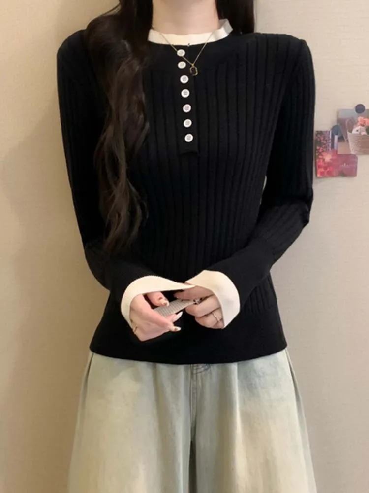 Maglione a Maniche Lunghe Color Blo per Donna, Autunno Inverno, Moda Slim Fit, Strato Base, Top Interno, Stile Coreano