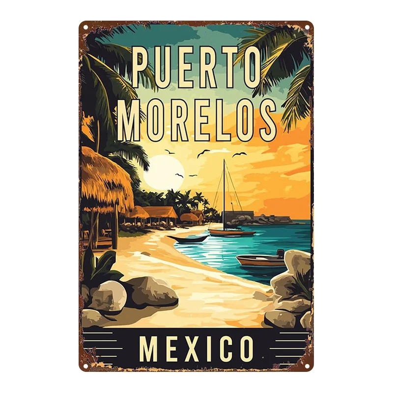 2D Flat, 1pc, Metal Sign, Puerto Morelos Mexico Beach Vintage Tin Plate Poster, Vintage Hanging Art for Home, Bar, Garage, Club,