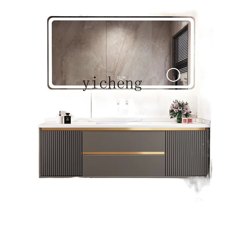 

XC Stone Plate Seamless Ceramic Basin Bathroom Bathroom Cabinet Combination Bathroom Light Luxury Modern Custom Solid Wood Wash