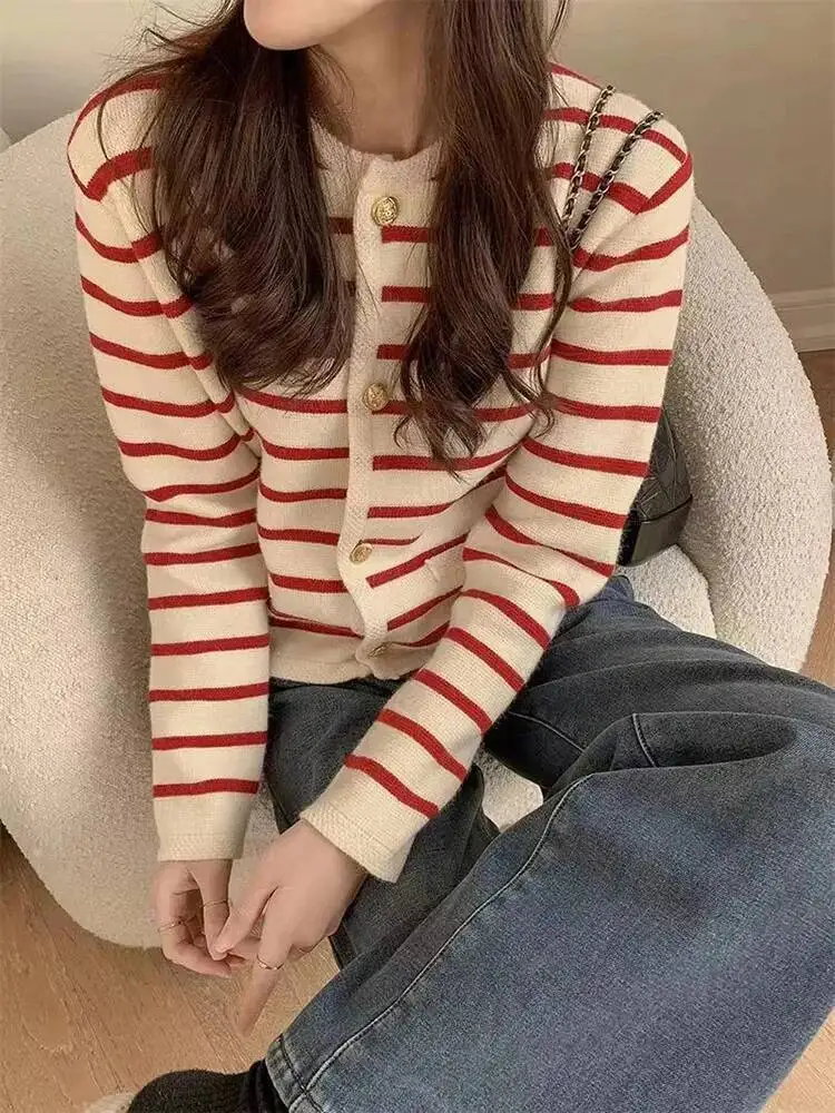 المرأة S شريط محبوك بالأزرار س الرقبة واحدة الصدر طويلة الأكمام المحاصيل الأعلى ربيع الخريف أزياء عارضة شيك سترة