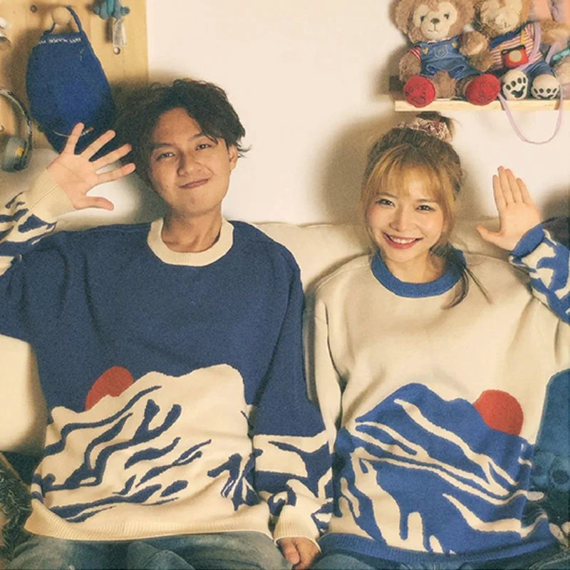 Japanese Snow Mountain Knitted Sweater Harajuku Oversized Pullover Sweater Men Women Autumn Winter Blue Knit Sweater Tops