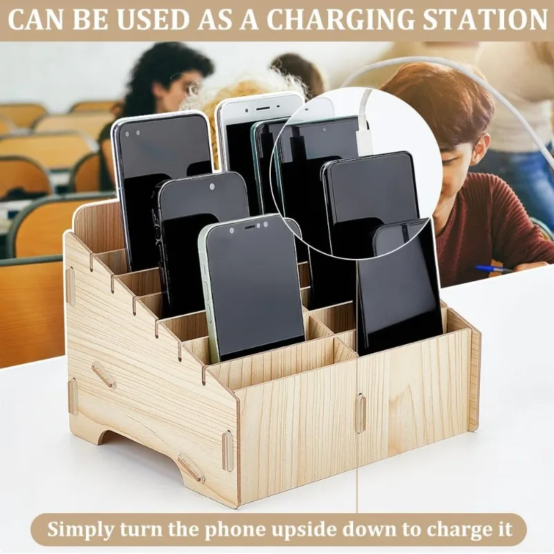 14 Compartment Wooden Mobile Phone Organiser Multifunctional Mobile Phone Organiser Desktop Organiser for Classroom Office