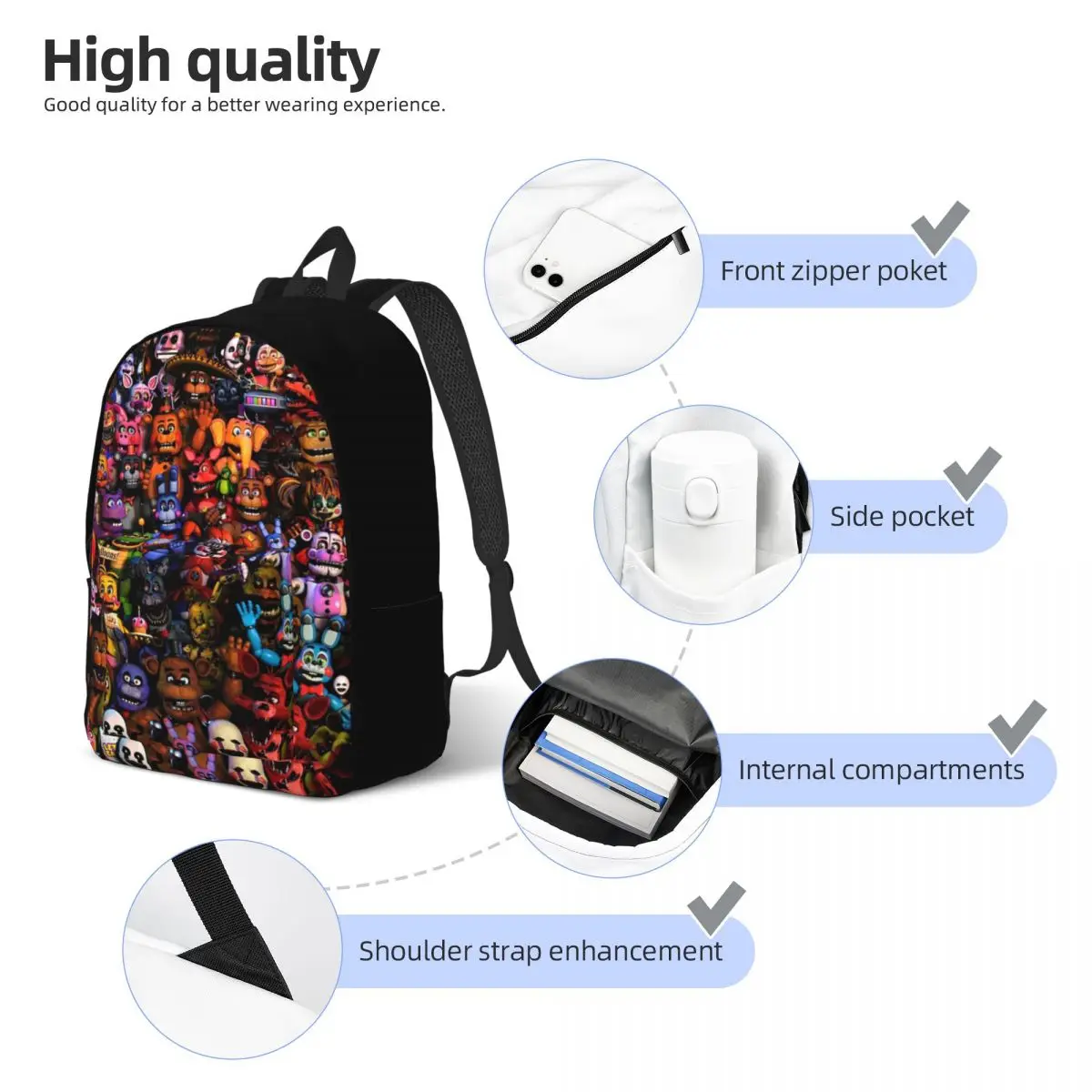 FNAFS All Characters Cool Backpack Gift Student Work Video Game Daypack for Men Women Laptop Canvas Bags