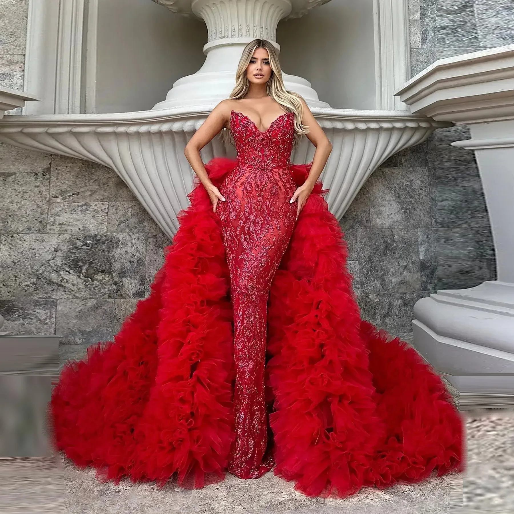 Elegant Prom Dress Beads Red Arabic Evening Dresses Women Long Beaded Prom Gowns Off Shoulder Removable Overskirt Ruffled