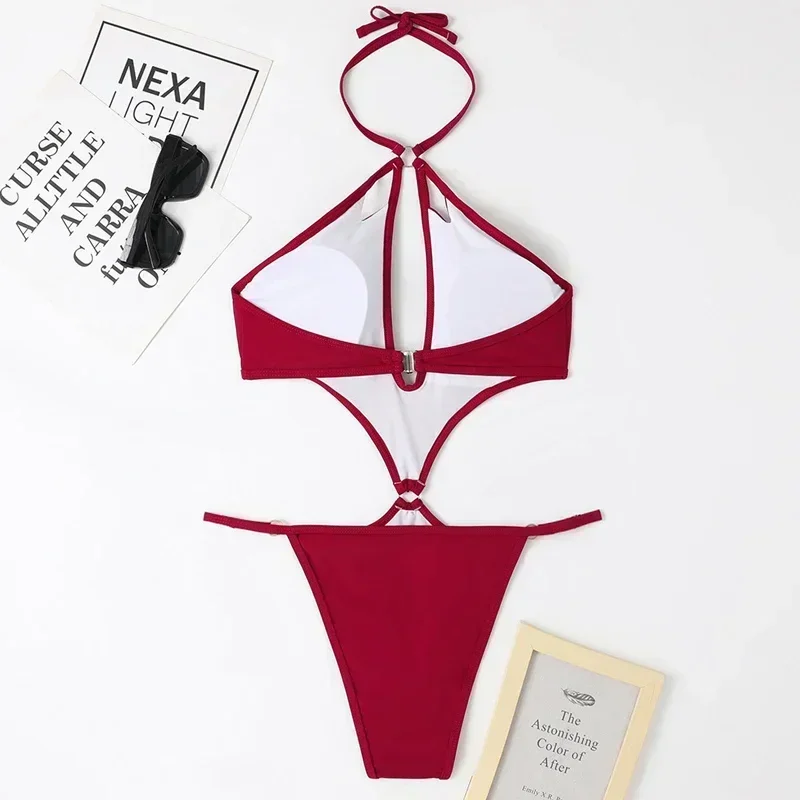 Solid Color One Piece Swimsuit Women 2024 Sexy Hollow Out Pearl Chain Bikini Halter Backless Thong Swimwear Beach Bathing Suit