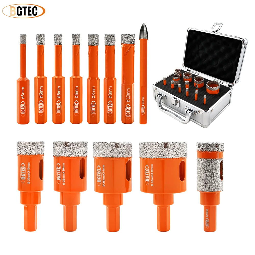 

BGTEC Aluminum Case 13pcs Diamond Dry Drill Bit Kit Dia5-35mm Cross Drill Bit Drill and Grinding Rod Ceramie Tile Granite Marble