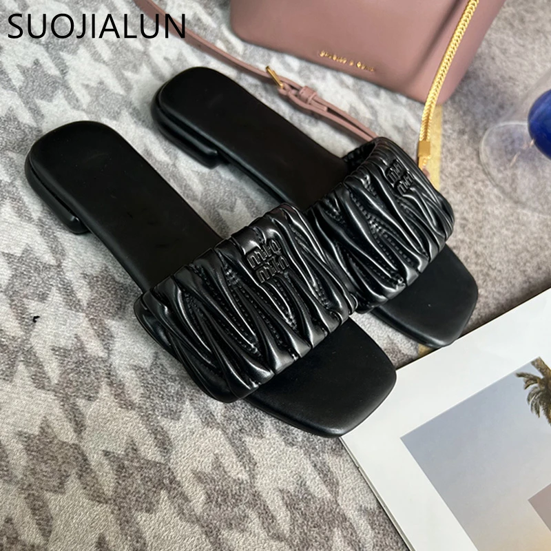 SUOJIALUN  Summer New Brand Women Slipper Fashion Pleated Slip On Sandal Flat Heel Outdoor Casual Beach Slides Shoes Flip Flop