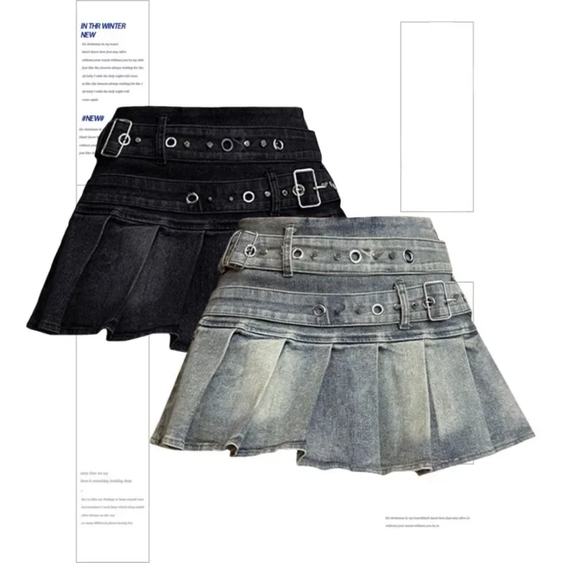 Women's Blue Black Riveted Belt Denim Skirt Y2K Harajuku High Street Fashion 90s Sexy A-line Mini Skirt Summer Clothing 2025 New