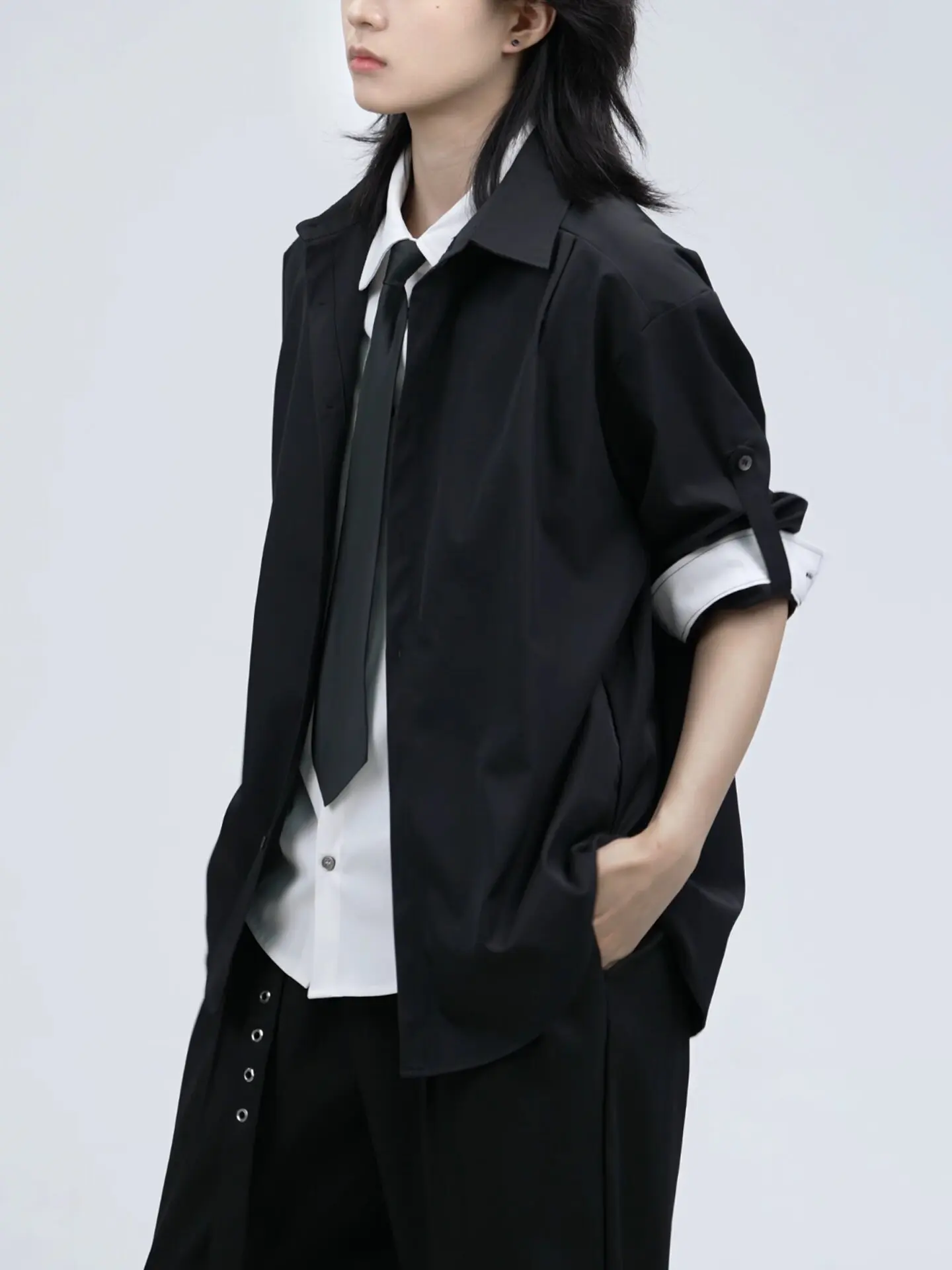 

American Sle Plaid Tie irt Men's Autumn High Collar Patchwork irt Youth Trend Outerwear Casual Loose Fit Long Sve