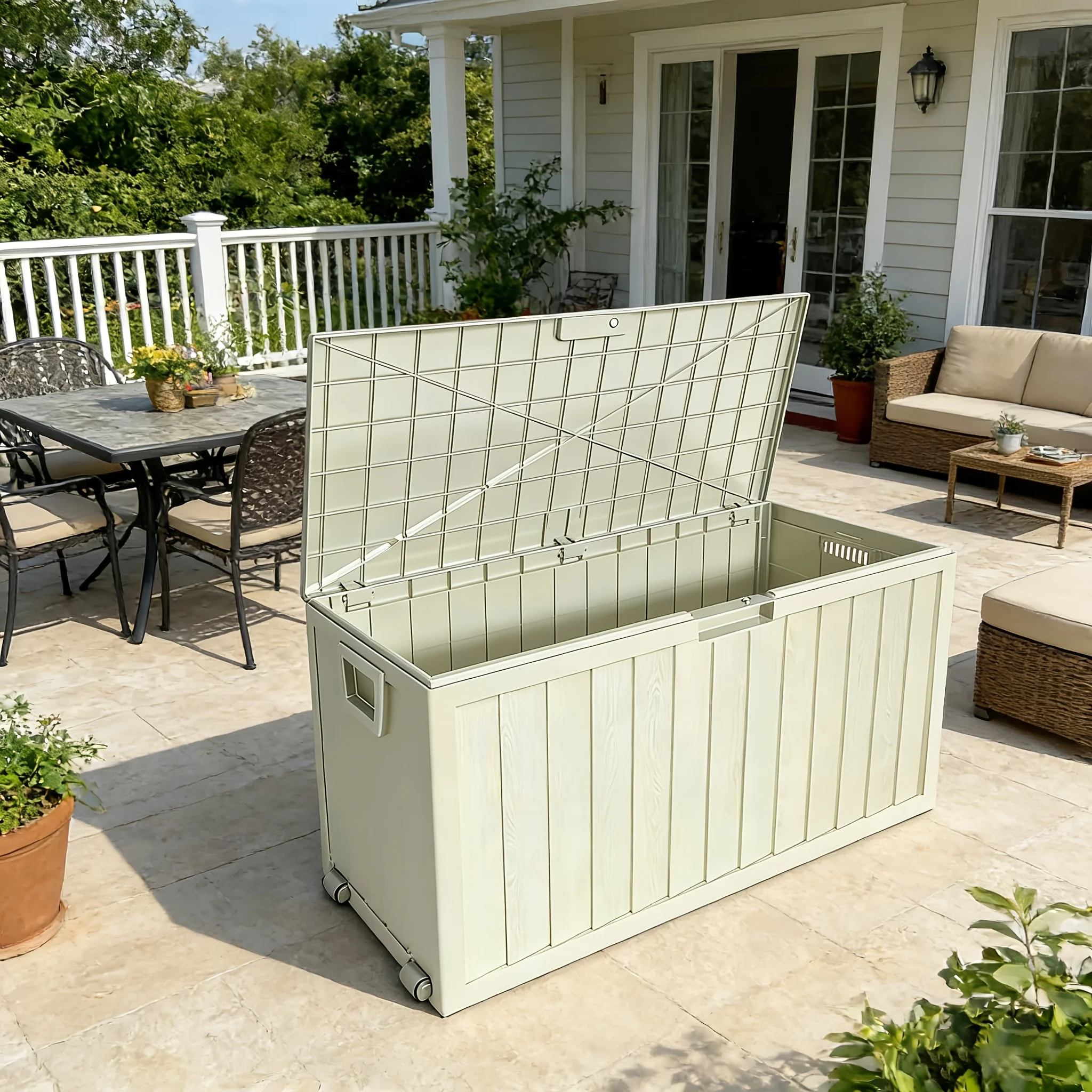 75 Gallon Outdoor Storage Box with Handles, Deck Box with Handles for Pool Additions, Garden Tools, Camping Gear, Holiday Gift, Easy to Assemble, Box, Cabinet, Rack for Outdoor Storage, with Gloves And Hammer, Box, Cabinet, Rack for Outdoor Storage
