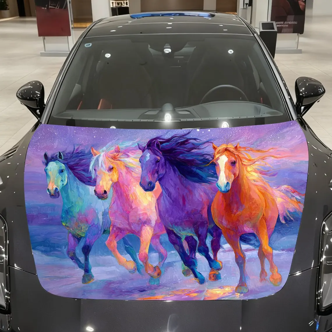 Colorful Herd Of Horses Car Hood Decal - Self-Adhesive Waterproof PVC, Anti-Slip Paint, Durable Exterior Accessory For Car Lover
