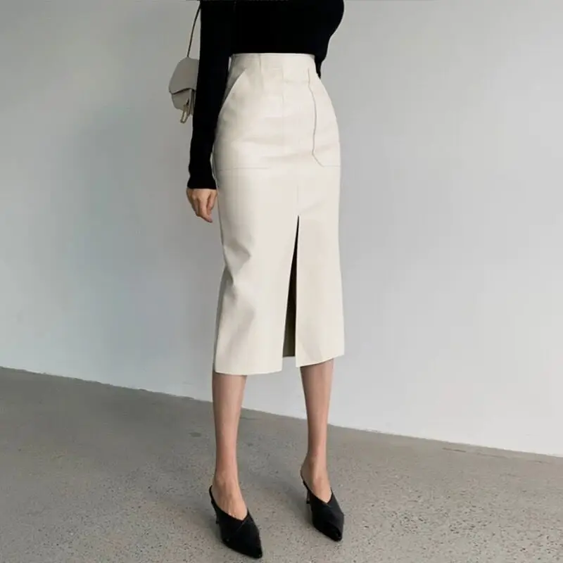 

Faionable eepskin Real Leather Skirt Wrap around mid Length Slimming A-Line f Body Skirts for Women Autumn Winter New ...