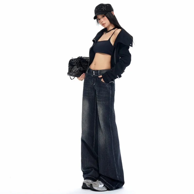 OIQERE Womens 2026 Autumn American Low Rise Double Button Flared Jeans Stretch Hip Covering Slim Floor Length Denim Pants