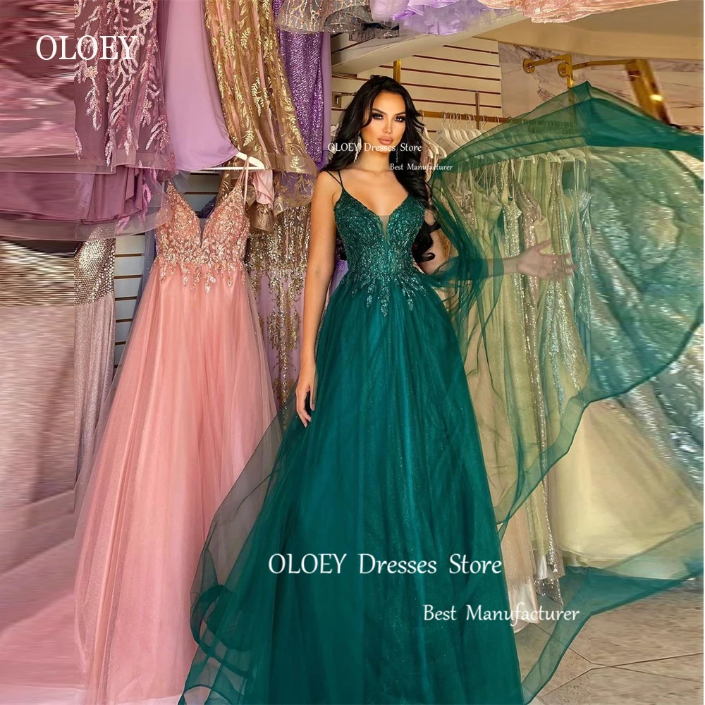 

OLOEY 2023 Glitter Emerald Green Tulle Long Prom Dresses Lace Applique Straps Party Dress Dubai Arabic Women Evening Gowns