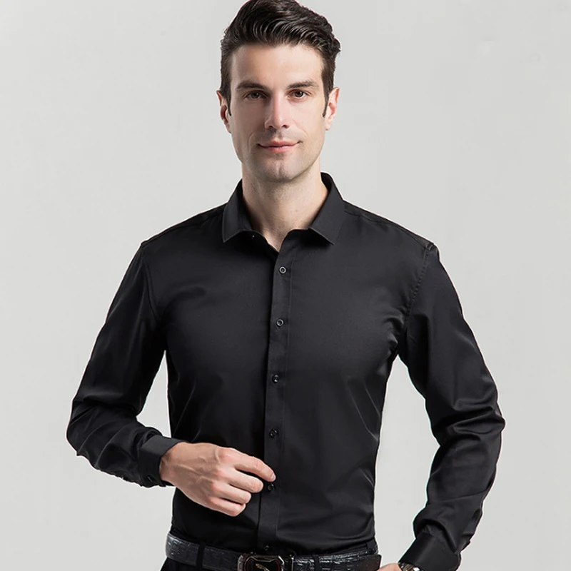 7xL 8XL 2024 Spring New Shirt Elastic Solid Color Non-iron Comfortable Breathable Slim Fit Business Casual Dress Men\'s Large