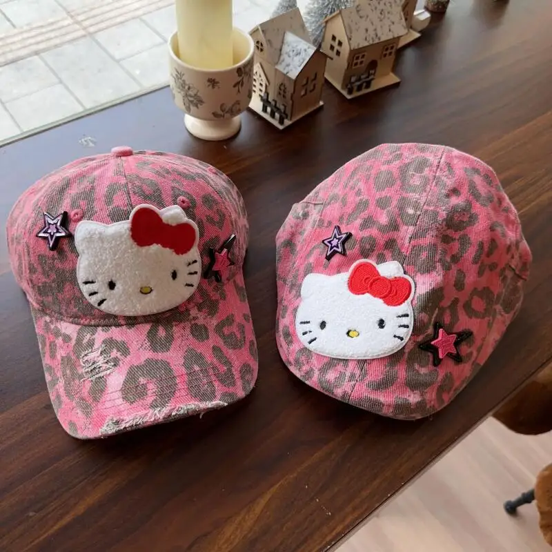 

Милая розовая бейсболка с леопардовым принтом Hello Kitty для женщин, модная кепка Y2K с широким козырьком, дышащая, для защиты от солнца