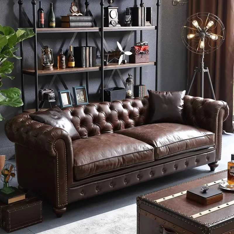 Leather living room antique sofa pull button oil wax leather sofa