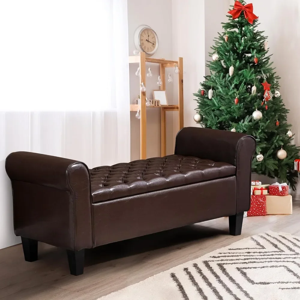 Brown Ottoman, Living Room Storage Space, Leather Upholstered Bench, Bedroom Roll Up Arm Footstool19.6