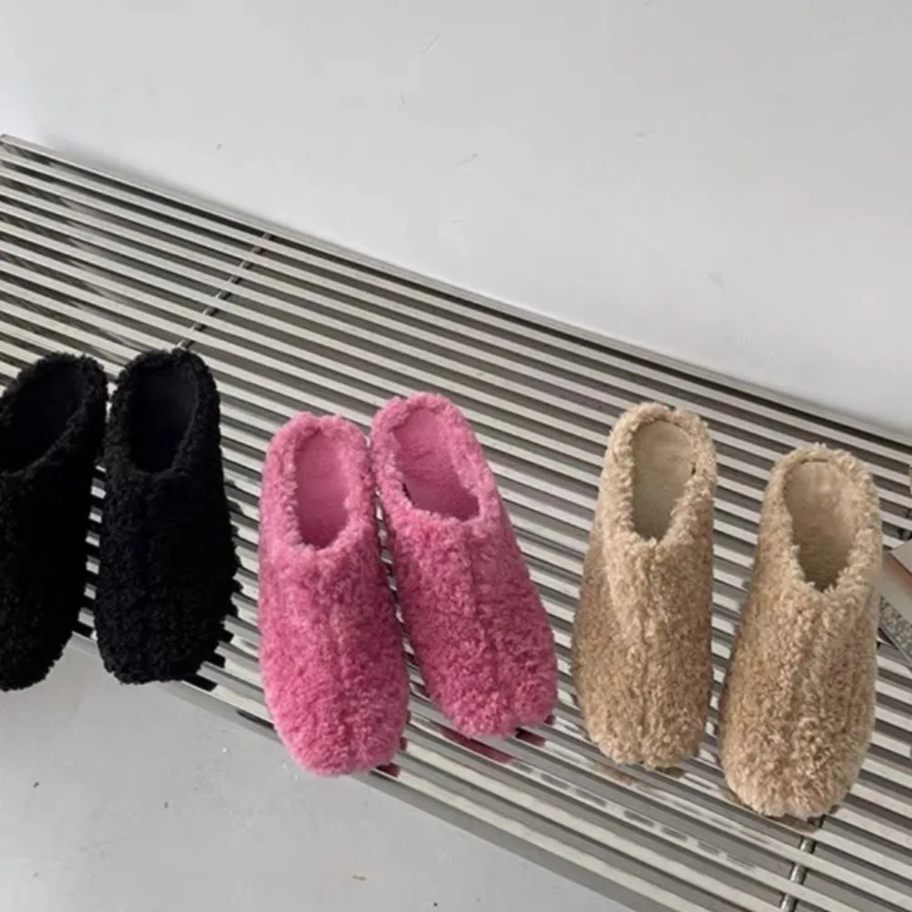 Fur Lambswool Heeled Slippers Woman Luxury Solid Color Horse Hair Round Toe Covered Toe Shoes Woman Designer Brand Casual Shoes