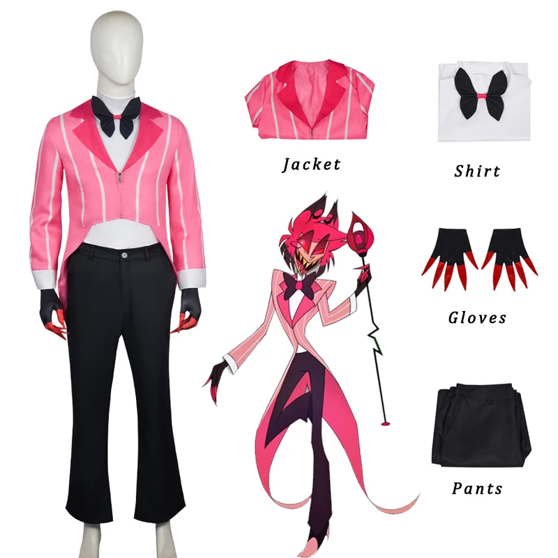 시즌 2 알라스토르 하즈빈 코스프레 의상 호텔 라디오 데몬 코스프레 핑크 재킷 셔츠 바지 장갑 넥타이 유니폼 할로윈 풀세트