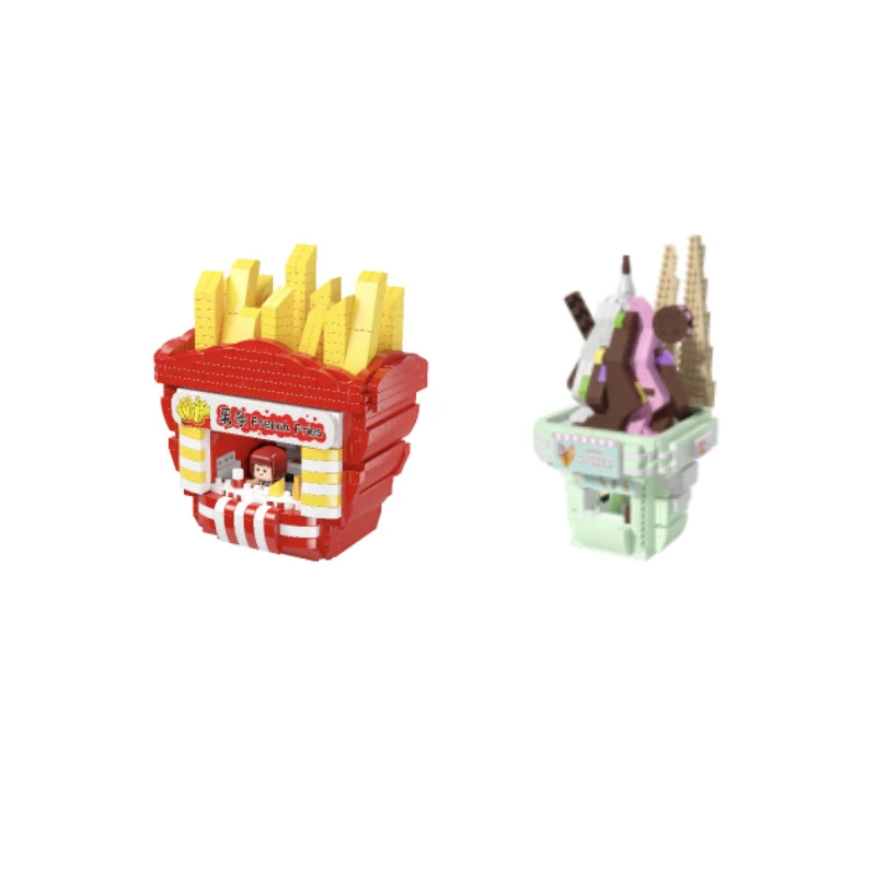 Street View Of Delicacies Micro Diamond Block Assemble Model French Fries Ice Cream Shop Building Brick Figure Toy Nanobricks