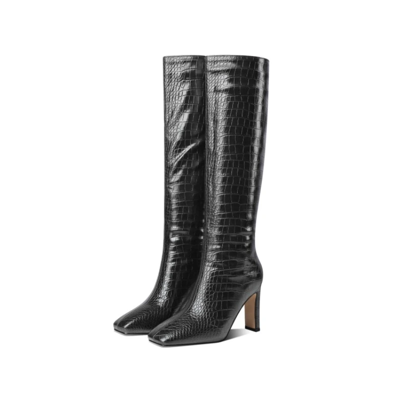 2024 Winter New Fashion Crocodile Patterned Knee Knight Boots for Women Autumn Pointed High Heels Elegant Big Size Shoes 43 42