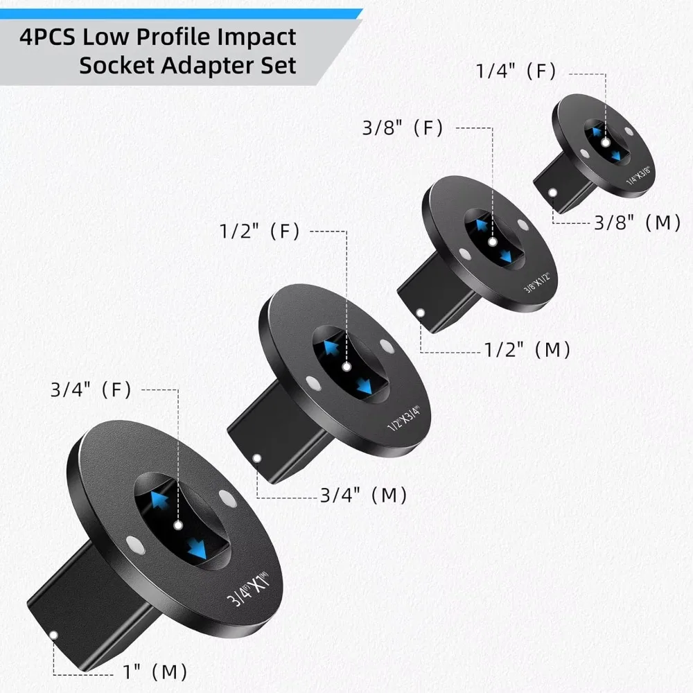 

4 шт. прочный набор ударных адаптеров для привода, портативный многофункциональный адаптер с храповым механизмом, низкопрофильный редуктор, ручные инструменты
