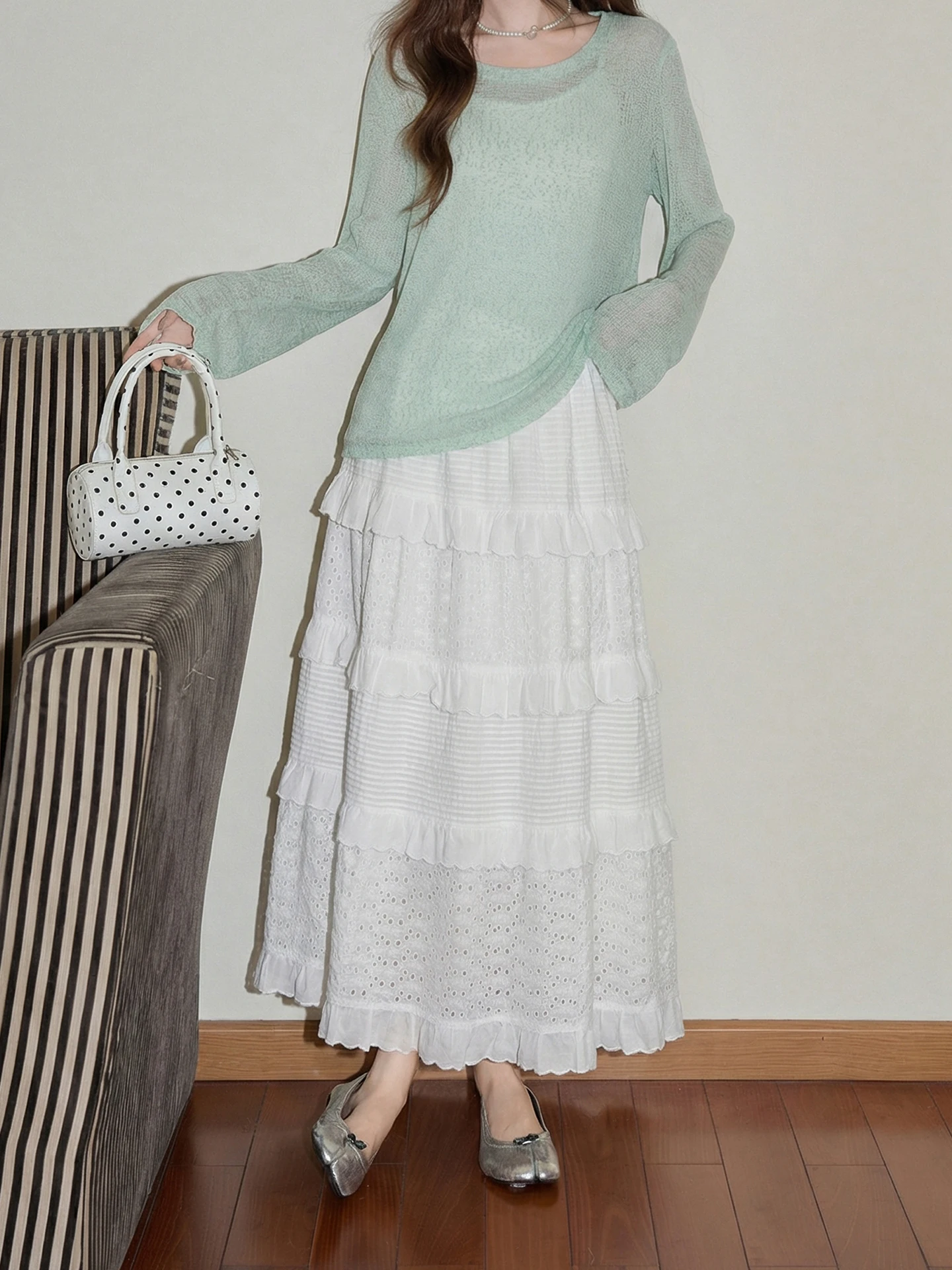 

Юбка А-силуэта с высокой талией, белая, кружевная, женская, весна-лето, многослойная, с эффектом статического электричества, дизайн-хит