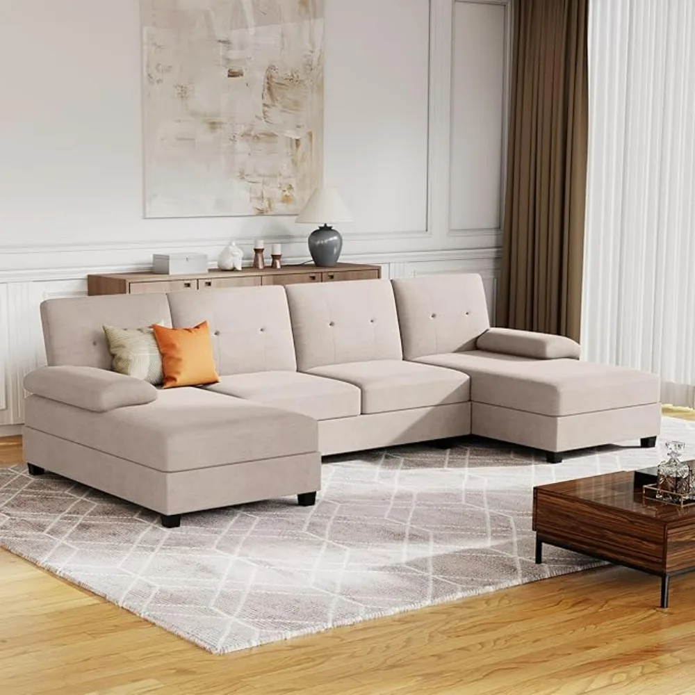 Sofá seccional para sala de estar, conjunto de 4 plazas en forma de U con chaise longue doble, sofá grande de tela moderno de 106 pulgadas