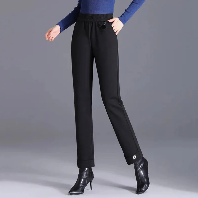 Autumn Winter New Woolen Pants Women's 2023 Elastic High Waist Thin Harem Pants Loose Casual Pocket Nine-point Pants