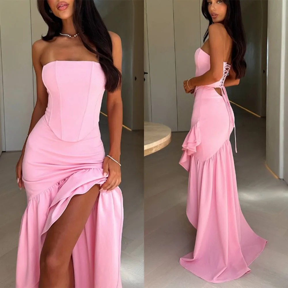

High Quality Customized Floor Length Pink Back Strap Pleat High Fork Backless Sleeveless Robe Pour Mariage Invité Evening Dress