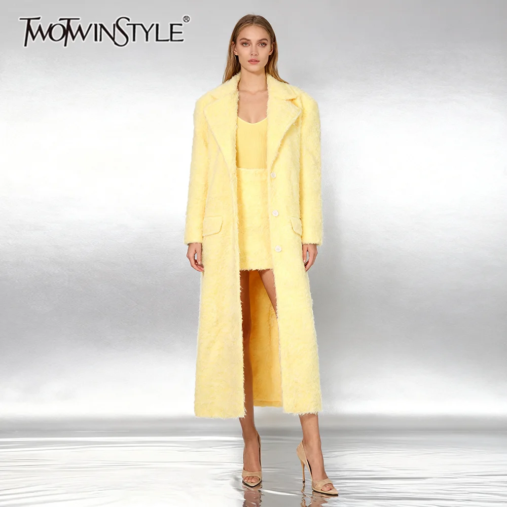 

TWOTWINSTYLE однотонные элегантные комплекты из двух предметов для женщин, длинные рукава с лацканами и пуговицами, длинное пальто, мини-юбка с высокой талией, женский комплект