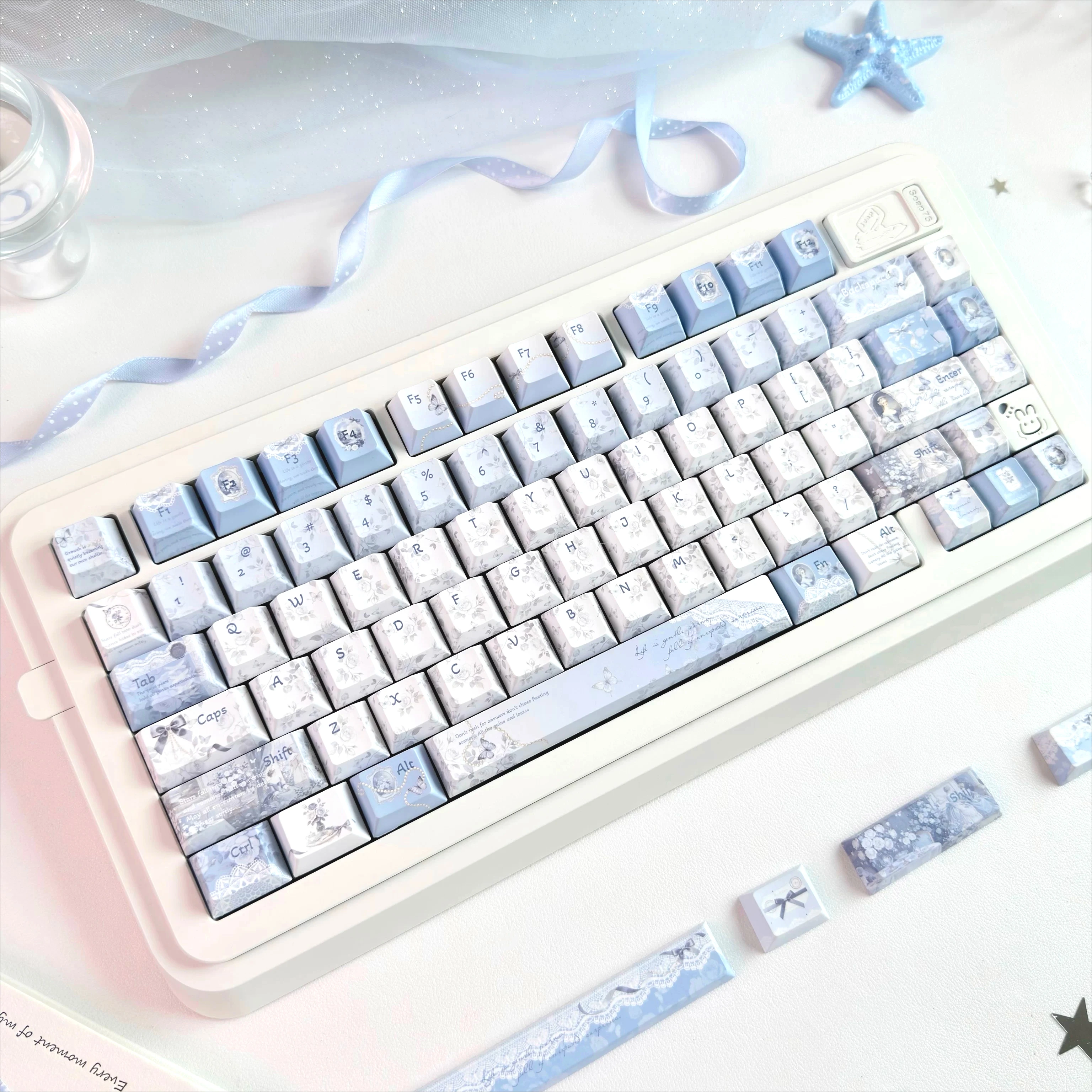 MAIMOOO Mist Blue Flower Paper Keycap Light Blue White Cherry PBT for Aula Ajazz Wooting Mechanical Keyboard Small Floral Keycap