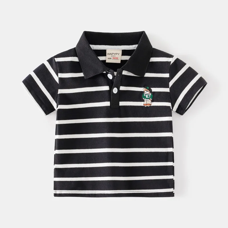 2024 Summer Children Striped Polo Shirt Korean Version Style Boys Short Sleeves T-shirt 2-7Years Kids Embroidery Cotton Top