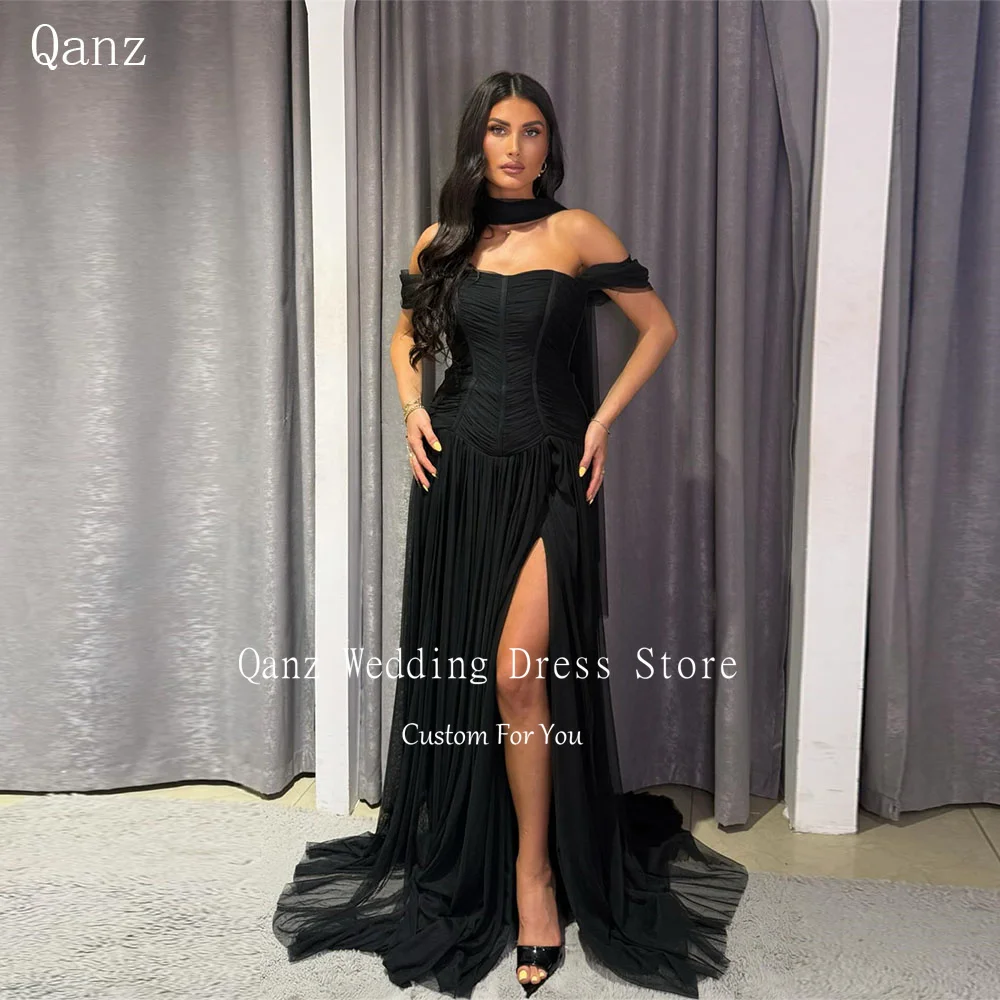 

Qanz Dubai Black Chiffon Prom Dresses Off The Sholder High Side Slit Evening Sresses Woman Elegant Party Gowns Customized