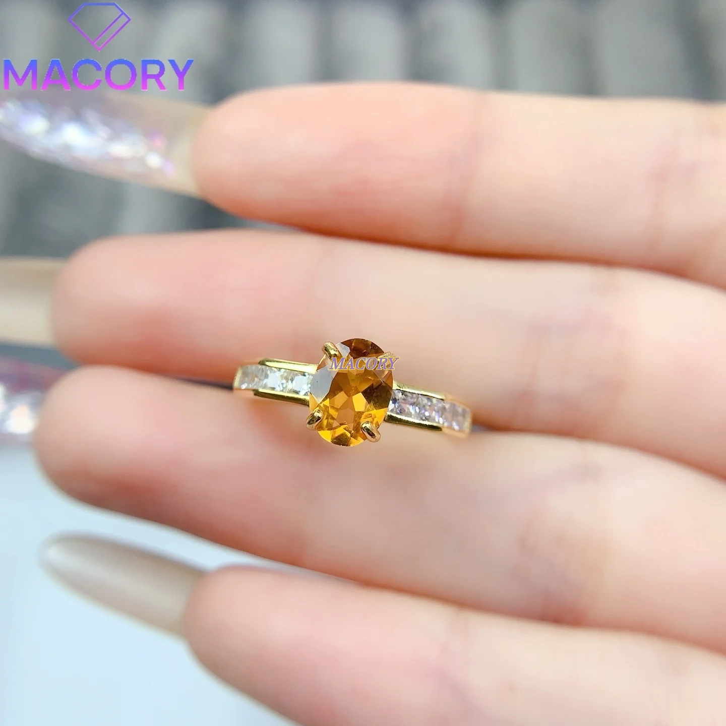 Natural Yellow Crystal Ring 925 Sterling Silver New Stylish Women's Design Youthful and High-End Feel Comes with Certificate