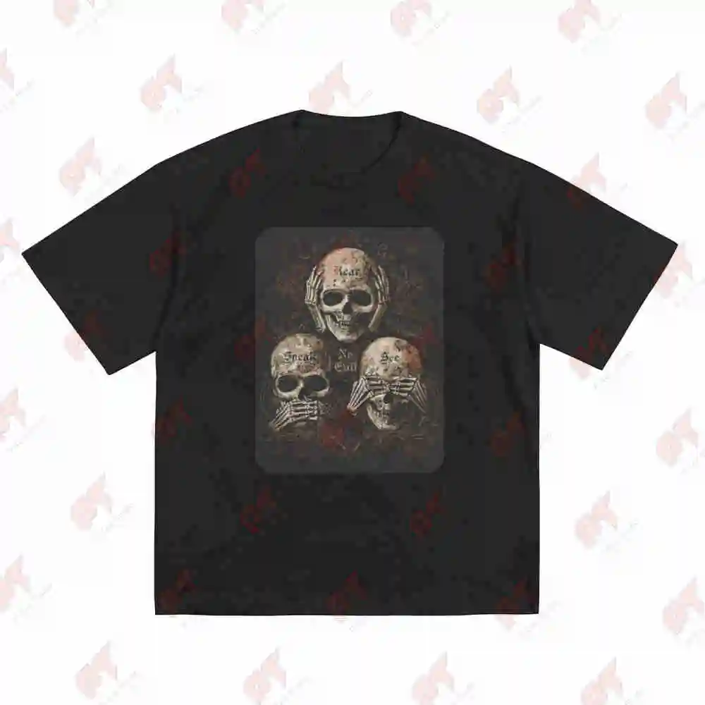 S Mantra See No Evil Hear Speak Bohemian Style Three Skulls Blindfolded Skull Short Sleeve Tee 100% Cotton T-Shirt