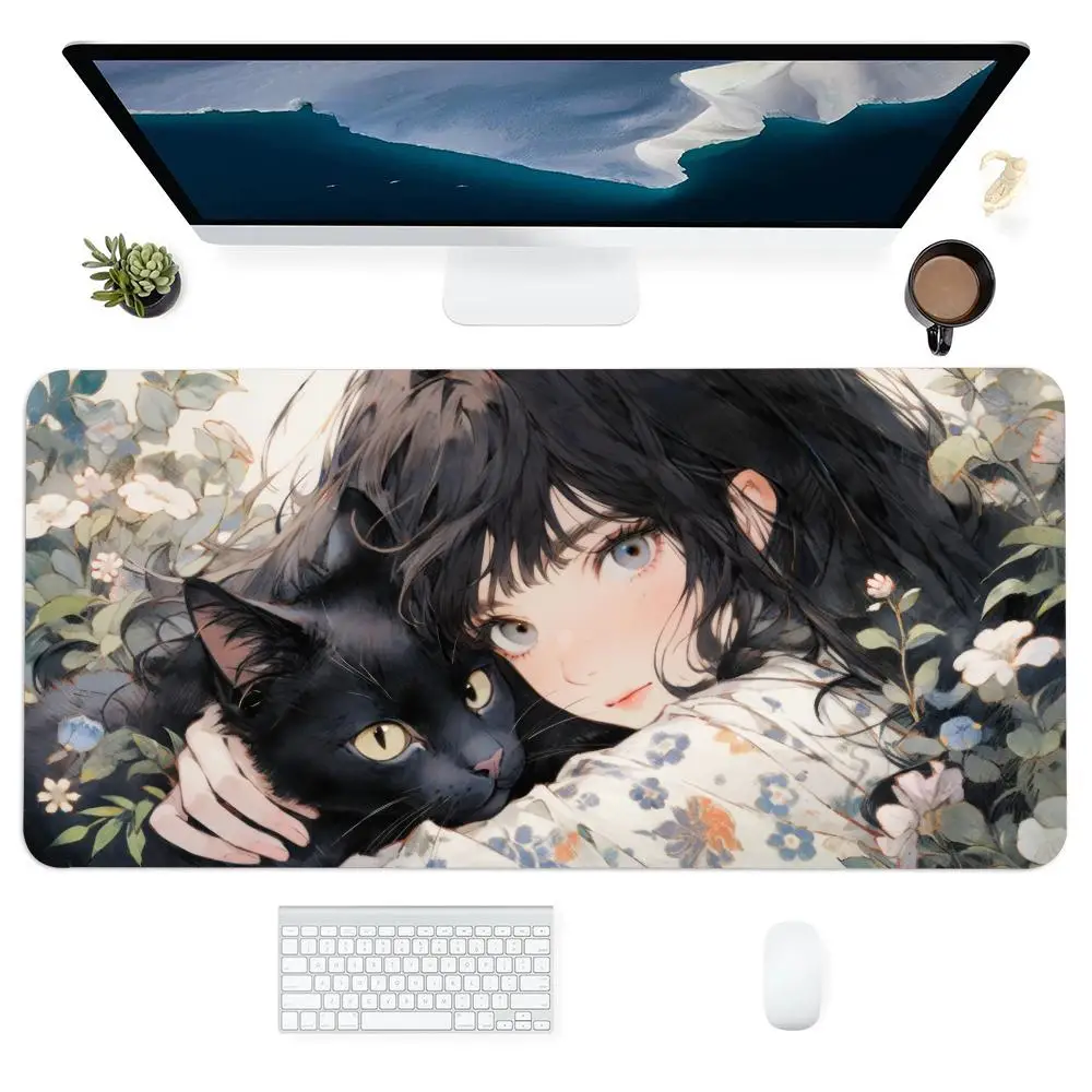 

Коврик для мыши с черным котом и девочкой, большой игровой нескользящий стол, подушка для компьютера, ноутбука, офисные аксессуары, коврик для планшета, мини-ПК, игровой коврик