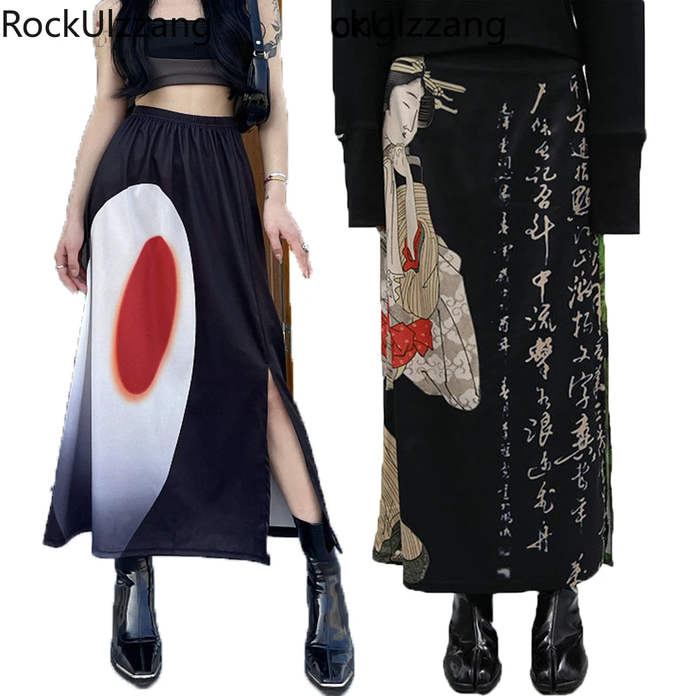 

High Split Maxi Long Black Skirt Elastic Waist Midi Skirts Harajuku Gothic Japanese Letter Grunge Punk y2k Street hippie vintage