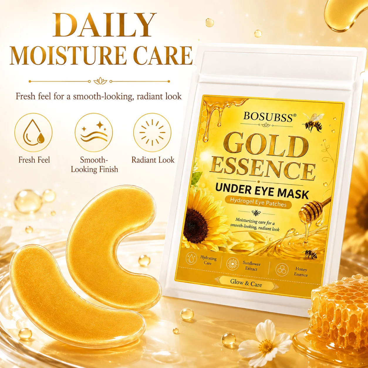 24K Gold Eye Mask BOSUBSS, Hydrating Under Eye Patches Refreshing Skin Care for Bright Smooth Under-Eye Area