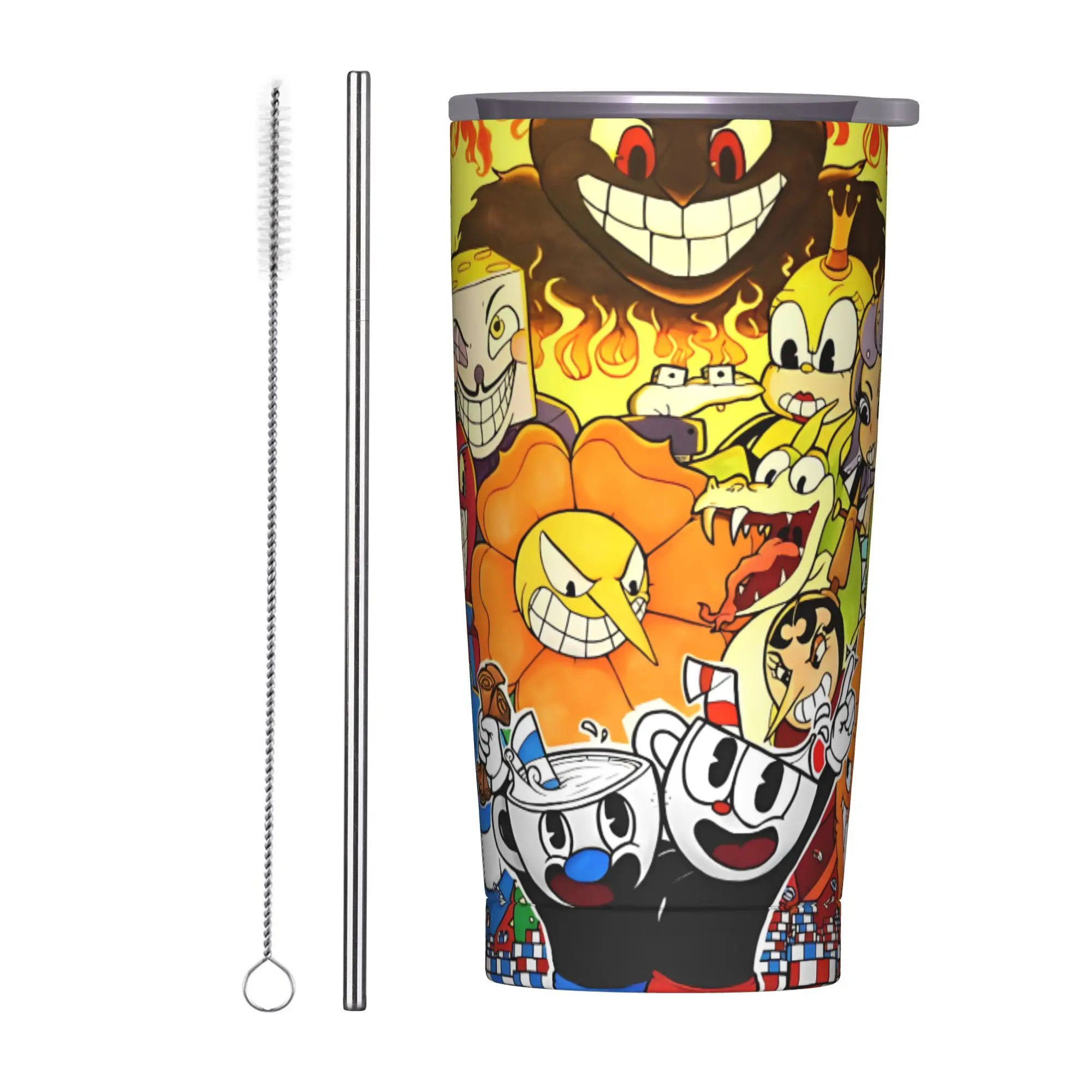 Cuphead Game Tumbler Vacuum Insulated Don't Deal with the Devil Coffee Cups with Lid Straw Double Wall Mugs Water Bottle, 20oz