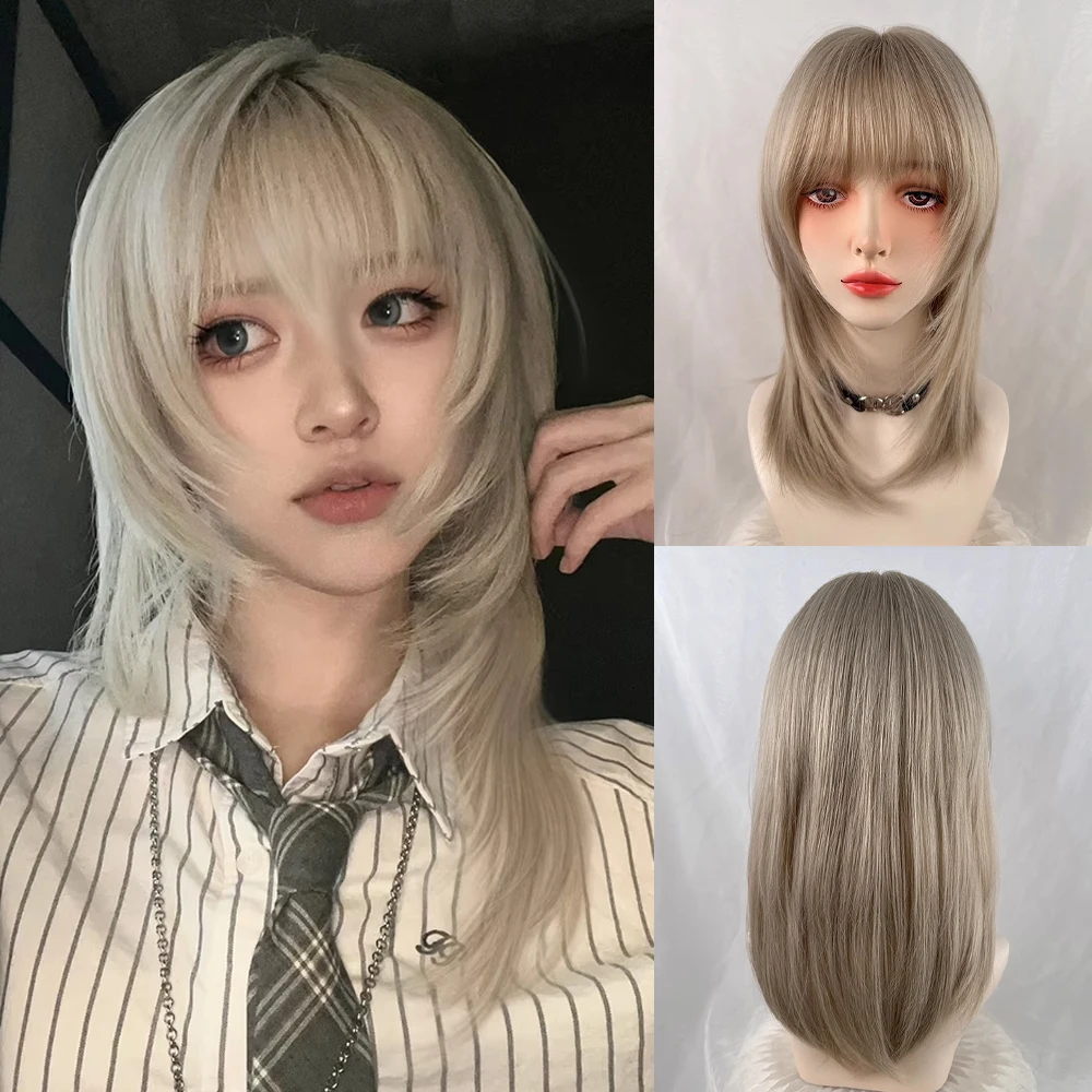 

Synthetic Short Straight Grey Blonde Women Layered Wigs Fluffy Lolita Cosplay Heat Resistant Wig with Bangs for Daily Party